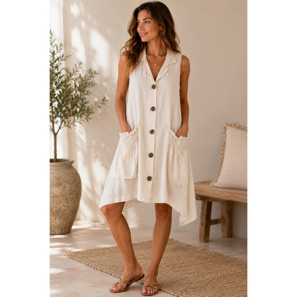 For Cynthia Shirt Dress Womens Large Linen Blend Sharkbite Boho Lagenlook Chic
